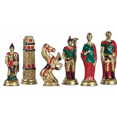 Bemalte Metall-Schachfiguren, goldenes römisches Lager, Turm, Springer, Soldaten