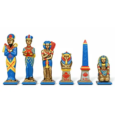 Schachfiguren Ägypten aus bemaltem Metall, blau-goldenes Team mit Sphinx und Obelisk