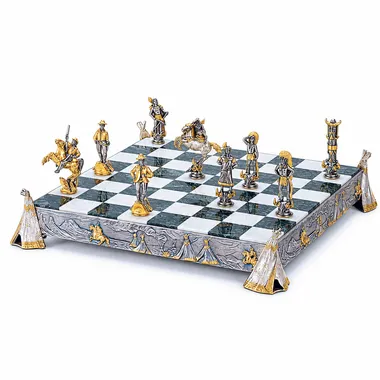 Set "Indiens vs Cow Boy" Schachbrett und Schachspiel aus Bronze, Onyx und 24 Karat Gold