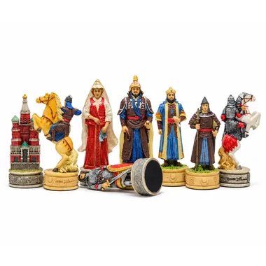 Schachfiguren aus Harz Russen vs. Mongolen, mit gestürztem Reiter