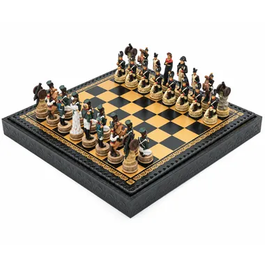 Napoleon Russlandfeldzug Set, Gesamtansicht auf schwarzem Kunstleder-Schachbrett
