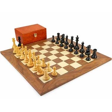 Komplettes Schachset Parthénon mit Schachbrett aus Nussbaum und Ahorn und Aufbewahrungsbox