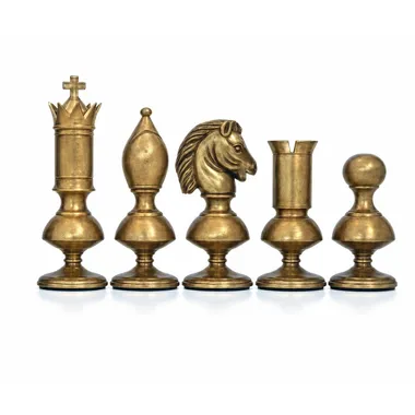 Schachfiguren aus Messing Giant Contemporain, König, Dame, Läufer, Springer und Bauer aufgereiht