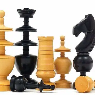 Schachfiguren Régence, schwarzer Springer, Turm, Dame und umgefallene Bauern aus Buchsbaum