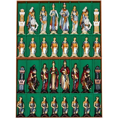 Schachspiel "Renaissance Peint à l'Huile et Dorures à la Feuille d'Or" aus massivem Alpenholz, traditionell geschnitzt