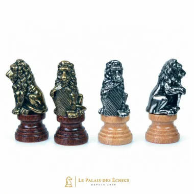 Schachfiguren Florence mit sitzenden Löwenkönigen, Holzsockel