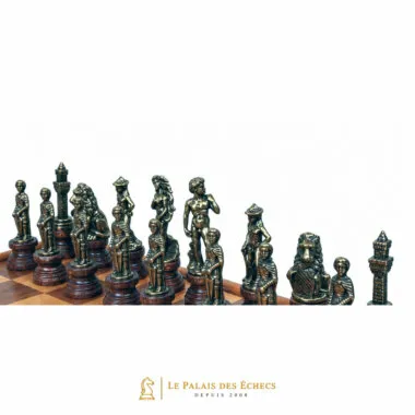 Schachfiguren Florence in Bronze-Finish auf dem Holzschachbrett
