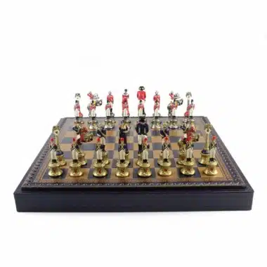 Set Napoleon III Kunstlederschachbrett & handbemaltes Schachspiel aus Massivmetall – Bild 5