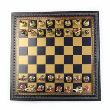 Set Napoleon III Kunstlederschachbrett & handbemaltes Schachspiel aus Massivmetall – Bild 4