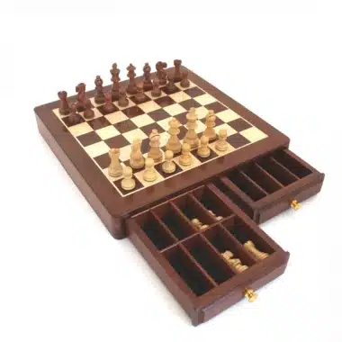 Classic XVI Schachset mit Aufbewahrung aus Ahorn- und goldenem Rosenholz und Schachspiel aus goldenem Rosenholz