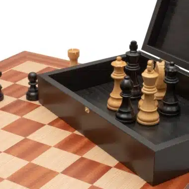Geöffnete Aufbewahrungsbox mit darin verstauten Schachfiguren