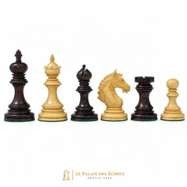 Schachspiel aus Buchsbaum und Rosenholz, Figuren nebeneinander aufgereiht