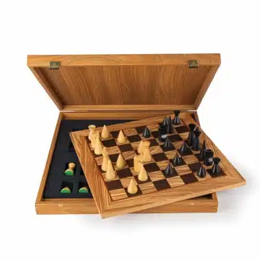 Modernes Schachspiel aus Rosenholz und Schachbrett aus Olivenwurzel mit Aufbewahrung