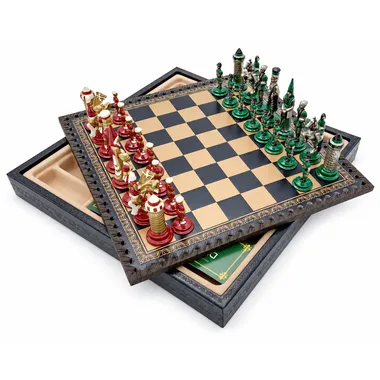 Komplettes Schachspiel Camelot auf Kunstleder-Schachbrett mit Aufbewahrungsbox