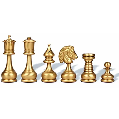 Goldene Schachfiguren des Grand ensemble Persisch, König, Dame, Läufer, Springer, Turm und Bauer