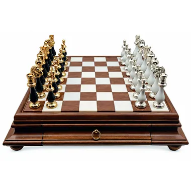 Schachspiel Grand Oriental komplett auf Schachbrett aus Holz und Alabaster mit Schublade