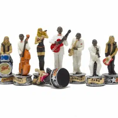 Schachspiel Jazz vs Rock - Schachbrett und Backgammon mit Kunstlederaufbewahrung & Harzfiguren – Bild 7