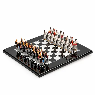 Schachspiel Jazz vs Rock komplett auf schwarz lackiertem Holzschachbrett