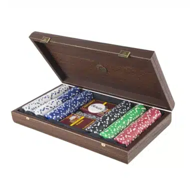 Pokerset - Holzkasten aus dunklem Walnussholz mit kalifornischem Wurzelholzfurnier auf dem Deckel – Bild 3