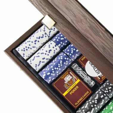 Pokerset - Holzkasten aus dunklem Walnussholz mit kalifornischem Wurzelholzfurnier auf dem Deckel – Bild 4