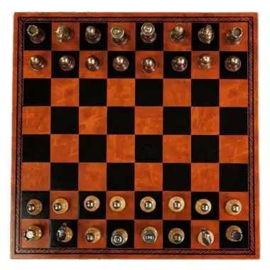 Schachspiel Staunton aus Metall und Holz mit Schachbrett aus Kunstleder in Braun – Bild 4