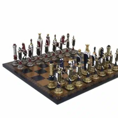 Schachspiel Renaissance aus handbemaltem Metall und Schachbrett aus Kunstleder in Gold / Blau