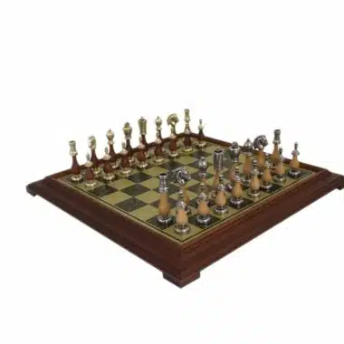 Arabesque-Schachspiel - Schachbrett mit Messing-Effekt und Holzrahmen & Schachspiel aus Metall und Holz