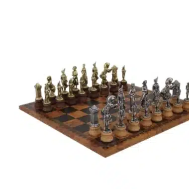 Schachspiel Napoleon aus Holz und Metall und Schachbrett aus Kunstleder Karte der Alten Welt