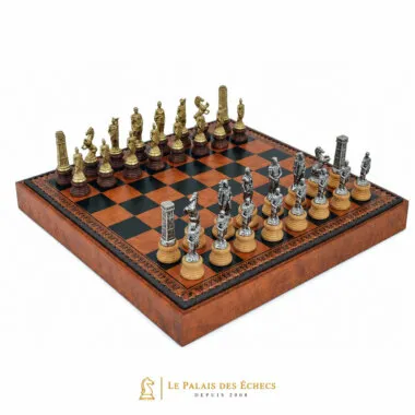 Schachspiel Römer gegen Barbaren auf Schachbrett aus marron-schwarzem Kunstleder