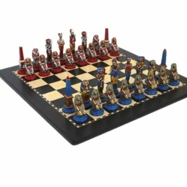 Schachspiel Ägypten aus handbemaltem Metall und Holzschachbrett