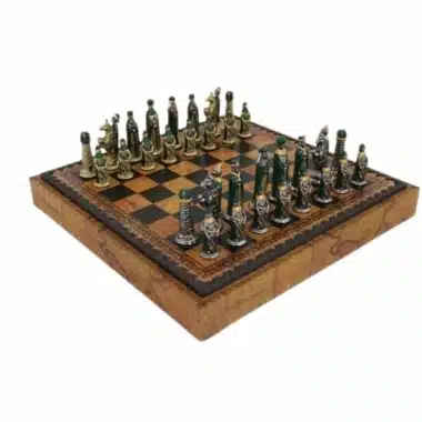 Mittelalterliches Schachspiel - Schachbrett & Dame aus Kunstleder mit Aufbewahrung & Metallschachspiel