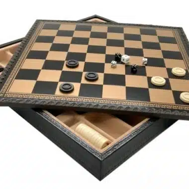Blumiges Schachspiel - Schachbrett, Damespiel & Backgammon aus Kunstleder in Gold/Schwarz mit Aufbewahrungsfach & Metallschachspiel – Bild 5
