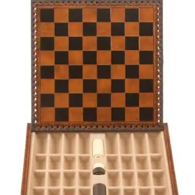 Römisches vs. Barbarisches Schachspiel - Schachbrett, Dame und Backgammon aus braunem / schwarzem Kunstleder mit Aufbewahrungsfach & Schachspiel aus Metall und Holz – Bild 8