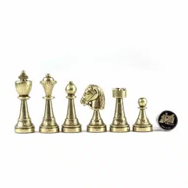 Staunton Schachspiel aus Metall & Schachbrett aus rotem / goldenem Kunstleder – Bild 6