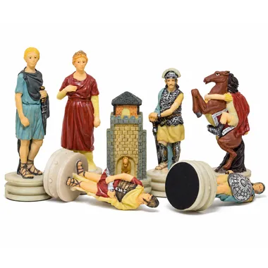 Figuren des Schachspiels Römer gegen Griechen mit Festungsturm und Springer aus Kunstharz