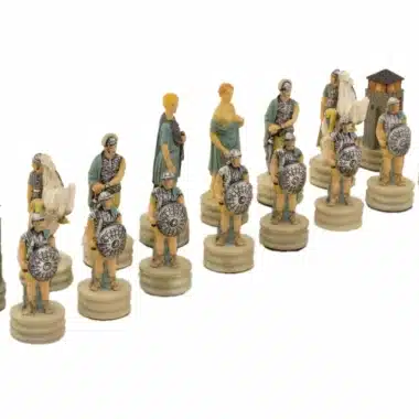 Schachspiel Römer gegen Griechen aus Harz und Schachbrett aus Kunstleder in Gold und Blau mit Stauraum – Bild 6