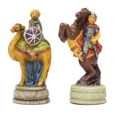 Schachspiel Arabisch Byzantinische Kriege aus Harz und Schachbrett aus Kunstleder in Gold und Blau – Bild 6