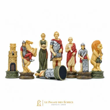 Schachfiguren Römer gegen Gladiatoren: Turm, Springer, Dame, König, Läufer und Löwe