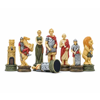 Schachfiguren Römer gegen Gladiatoren: Turm, Springer, Dame, König, Läufer und Löwe