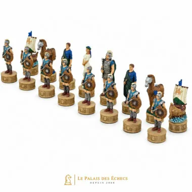 Schachfiguren aus Harz, blau-beige Armee im Stil der Schlacht von Troja