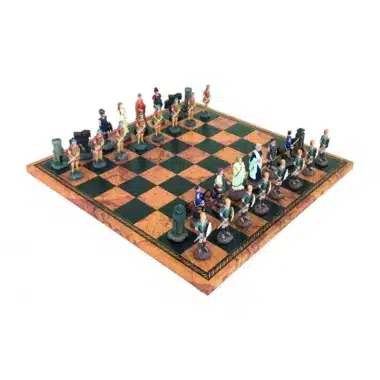 Schachspiel Griechische Mythologie aus Zinn und Schachbrett aus Kunstleder