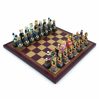 Schachspiel mit Hunden und Katzen aus Harz auf Kunstleder-Schachbrett bordeaux und gold