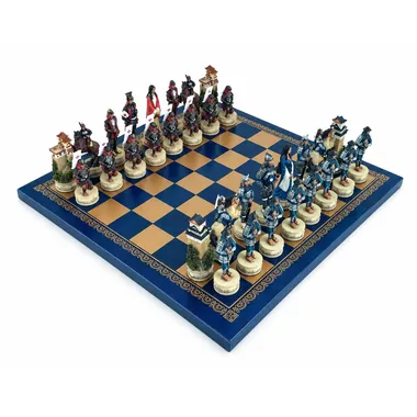 Samurai-Schachspiel aus bemaltem Kunstharz auf goldblauem Kunstlederbrett