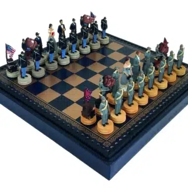 Schachspiel Amerikanischer Bürgerkrieg aus Harz & Schachbrett aus Kunstleder mit Aufbewahrungsfach