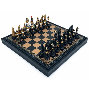 Schachspiel Altes Ägypten komplett auf Schachbrett aus Kunstleder in Schwarz und Gold