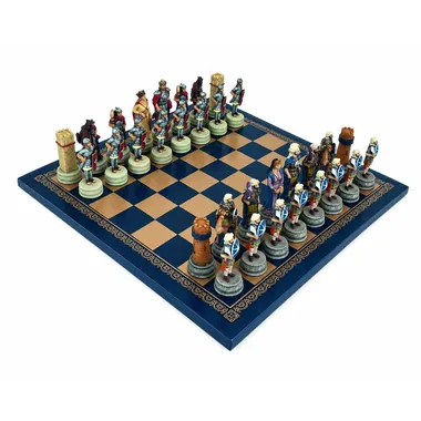 Schachspiel Arabisch-Byzantinische Kriege komplett auf goldblauem Kunstleder-Schachbrett
