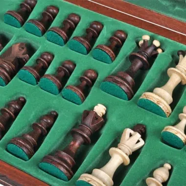 Hölzerne Schachfiguren in den grün gefilzten Fächern der Box