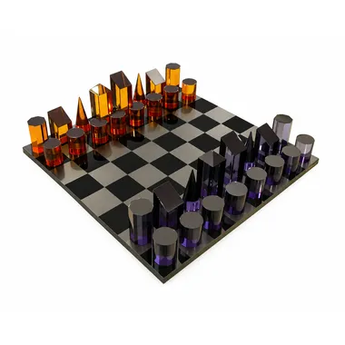 Zylindrisches Plexiglas-Schachspiel in Bernstein und Violett auf schwarzem Brett