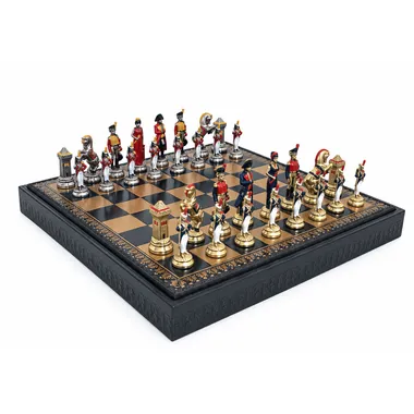 Komplettes Napoleon-Schachspiel auf Kunstleder-Schachbrett mit Aufbewahrungsbox