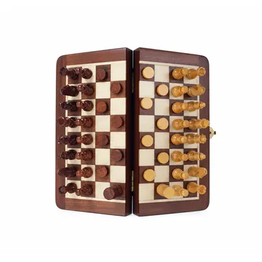 Klappbares Schach- und Damespiel aus Holz, Ansicht von oben, geöffnet